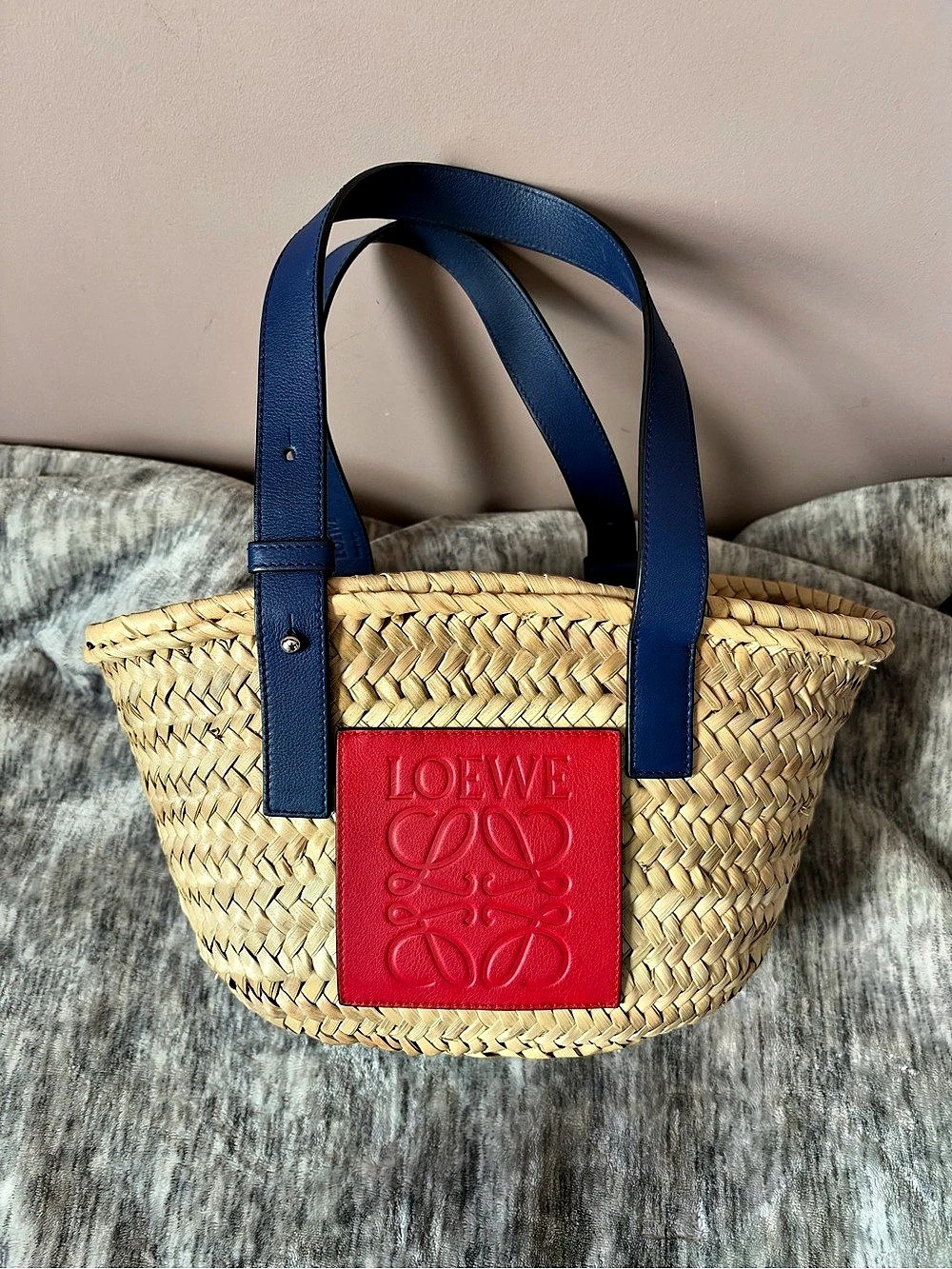 Loewe Small Anagram Raffia Straw Basket Bag in Palm Leaf